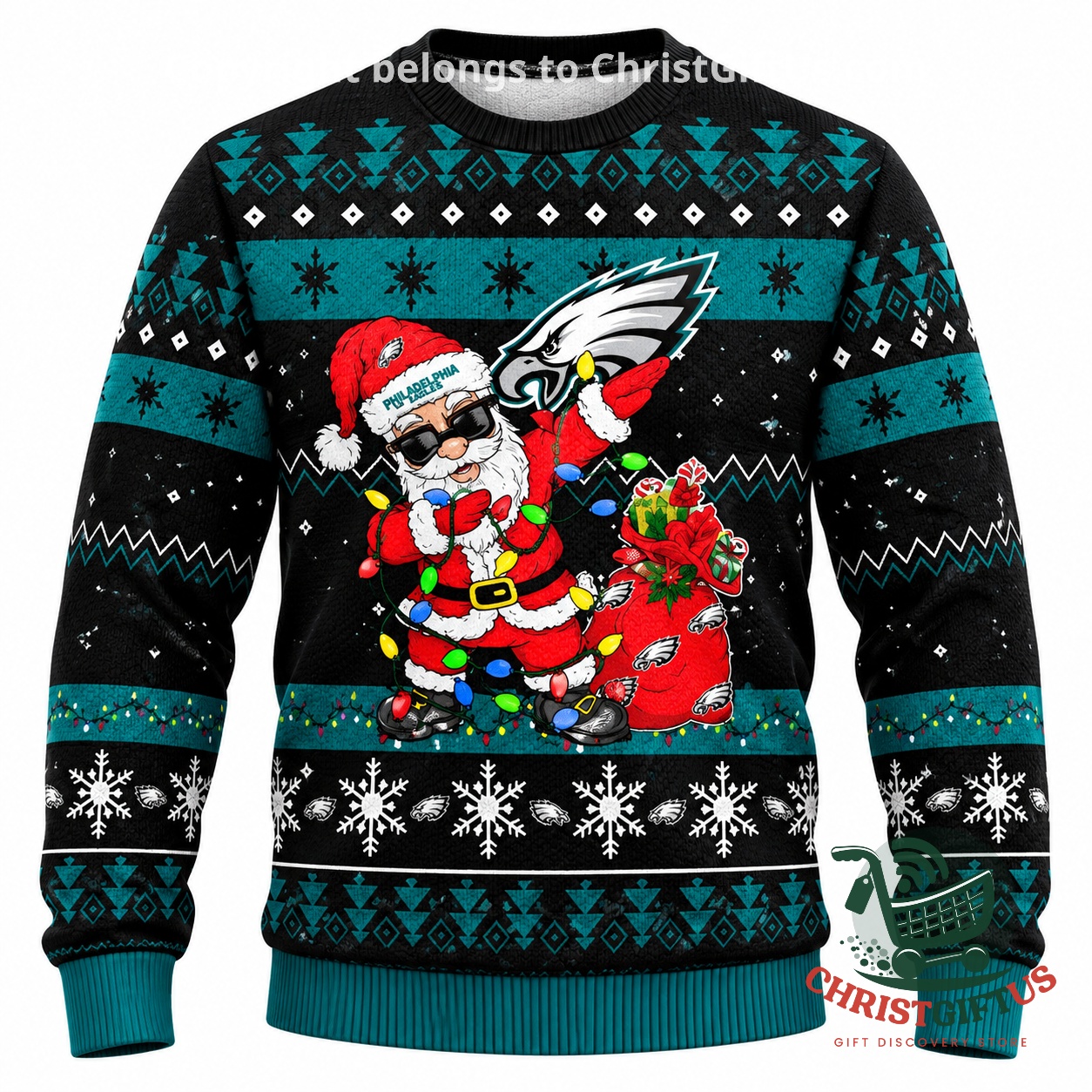 Philadelphia Eagles Santa Claus Ugly Sweater Christmas 2026 - Santa graphic and Eagles logo