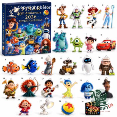 Pixar 40th Anniversary 2026 Advent Calendar - box and numbered character ornaments displayed