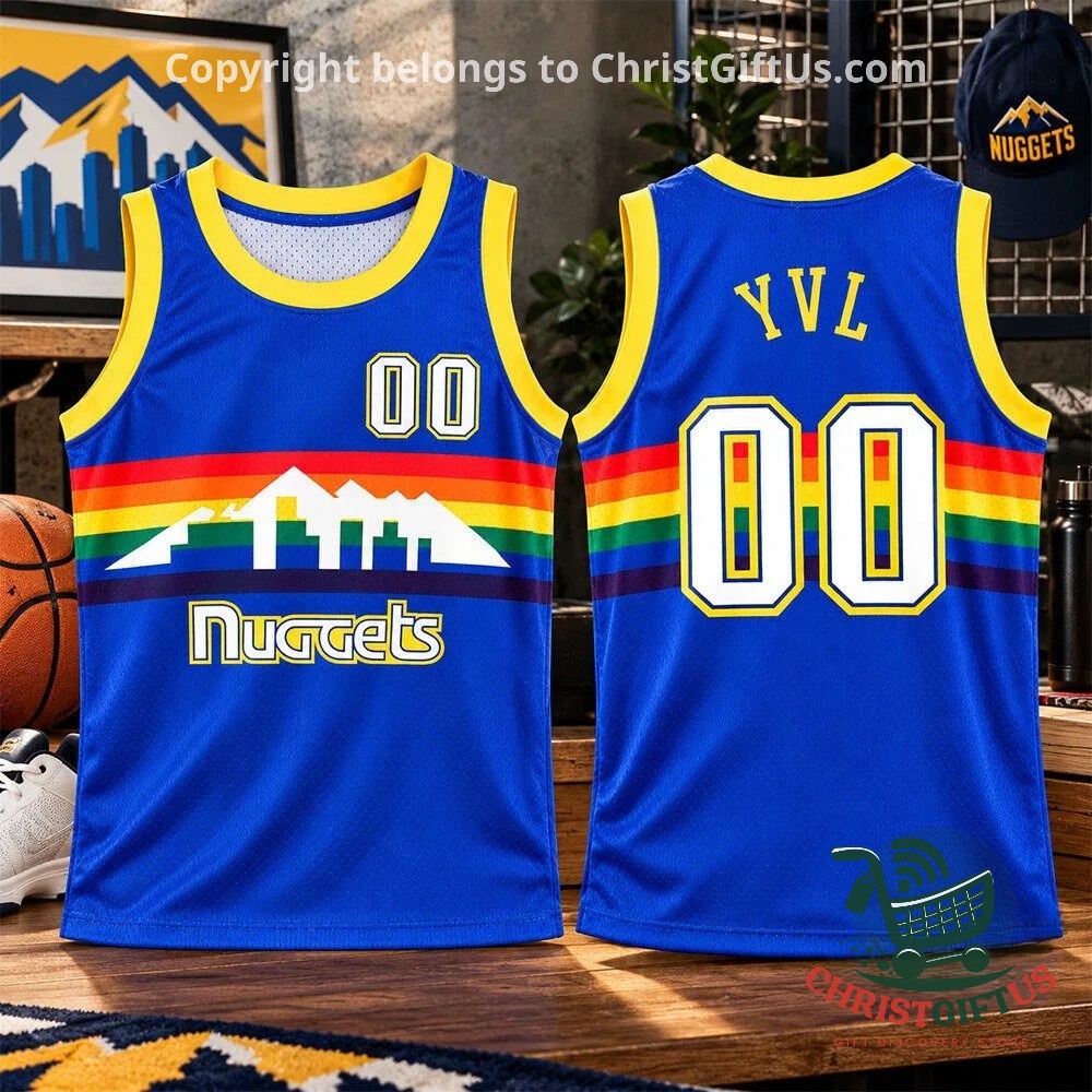 Playboi Carti x Denver Nuggets YVL Rainbow Skyline Jersey - front and back views displayed together
