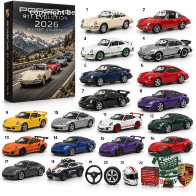 Porsche 911 Evolution 2026 Advent Calendar - front packaging and numbered Porsche car lineup