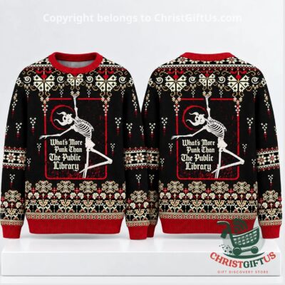 Public Library Punk Skeleton Ugly Christmas Sweater 2026 - front and back views