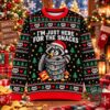Raccoon Christmas ugly sweater front view with snack-themed raccoon design