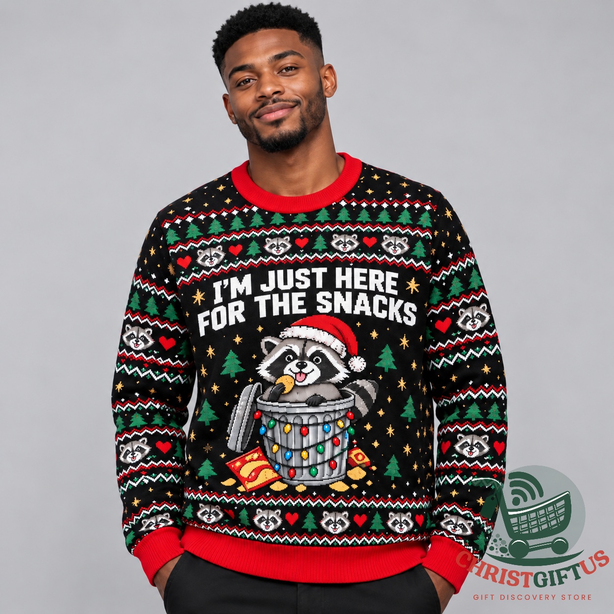 Raccoon I'm Just Here for the Snacks Christmas Ugly Sweater - photo 2