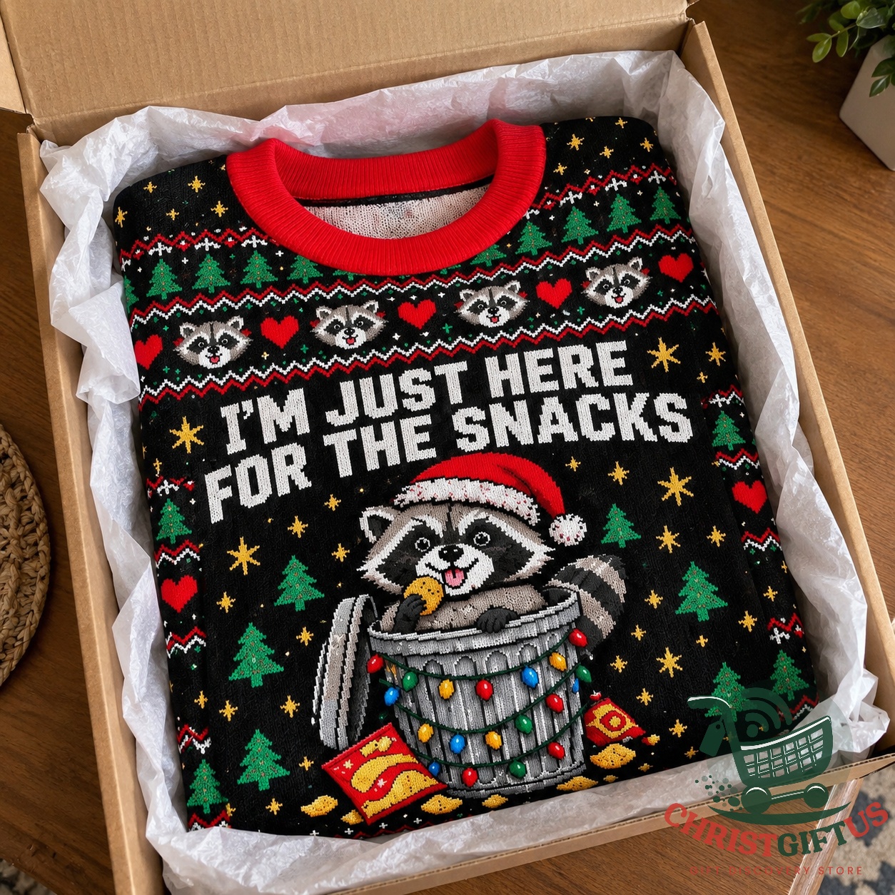 Raccoon I'm Just Here for the Snacks Christmas Ugly Sweater - photo 3