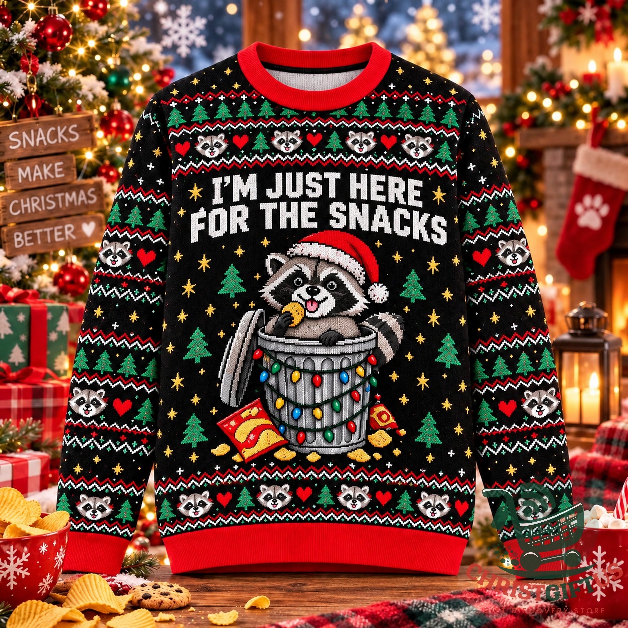 Raccoon Christmas ugly sweater front view with snack-themed raccoon design
