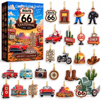 Route 66 Centennial 1926-2026 Advent Calendar - front box with themed hanging ornaments
