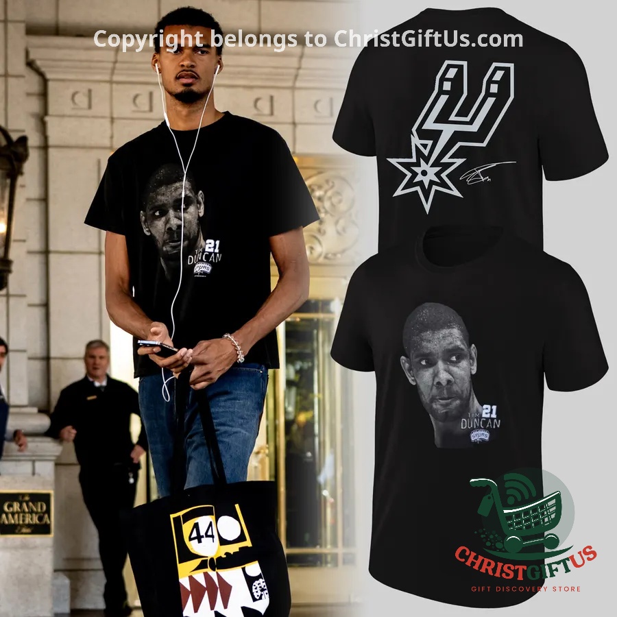 San Antonio Spurs Wembanyama x Tim Duncan T-Shirt 2026 - model wearing front and back designs