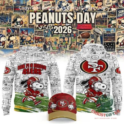San Francisco 49ers Peanuts Day 2026 Hoodie - front design with matching cap
