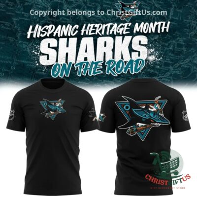 San Jose Sharks Hispanic Heritage Month T-Shirt - front and back views with shark crest graphics