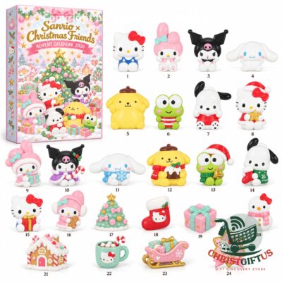 Sanrio Christmas Friends 2026 Advent Calendar - box and 24 displayed holiday figures
