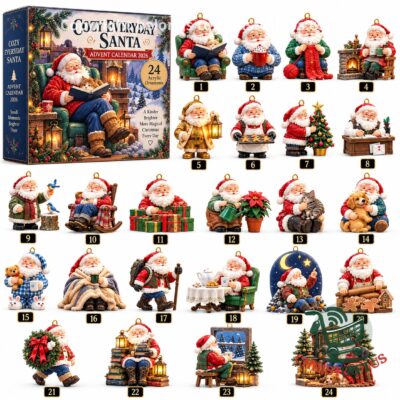 Santa Claus Cozy Everyday 2026 Advent Calendar - box and 24 ornament designs displayed