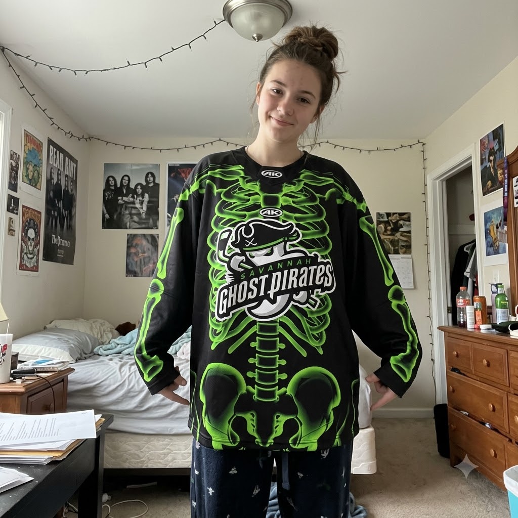 Savannah Ghost Pirates Halloween 2026 Skeleton Hockey Jersey - front logo and ribcage design