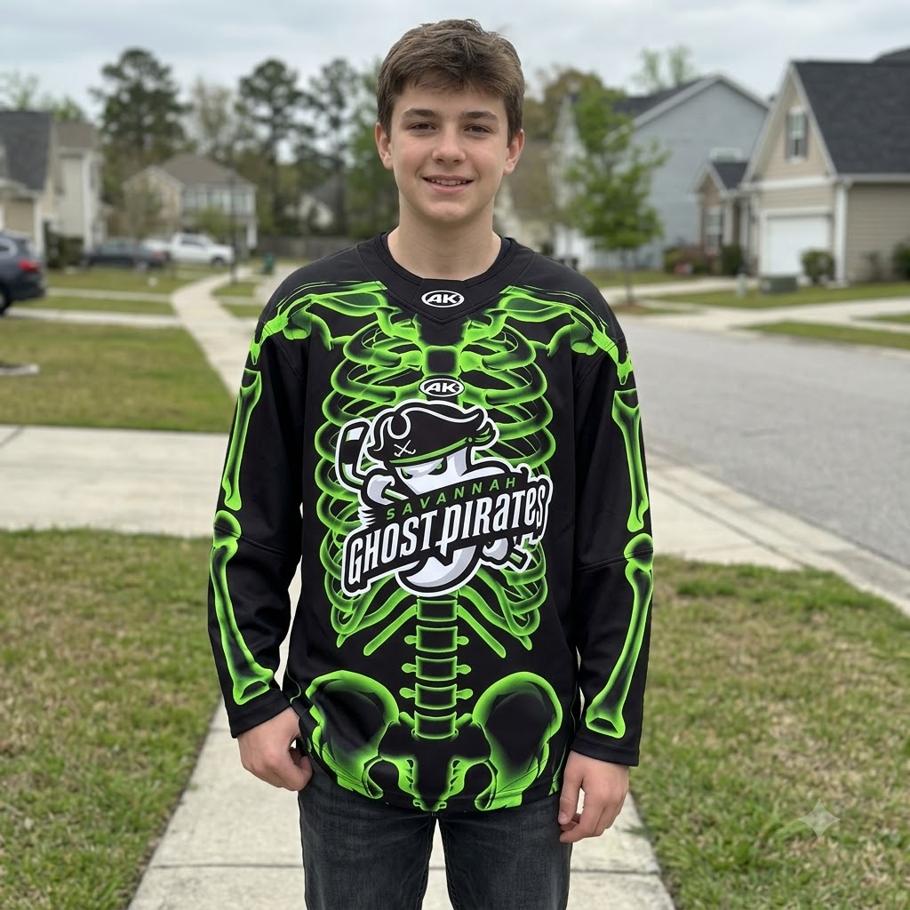 Savannah Ghost Pirates Halloween 2026 Skeleton Hockey Jersey - back skeleton and number detail