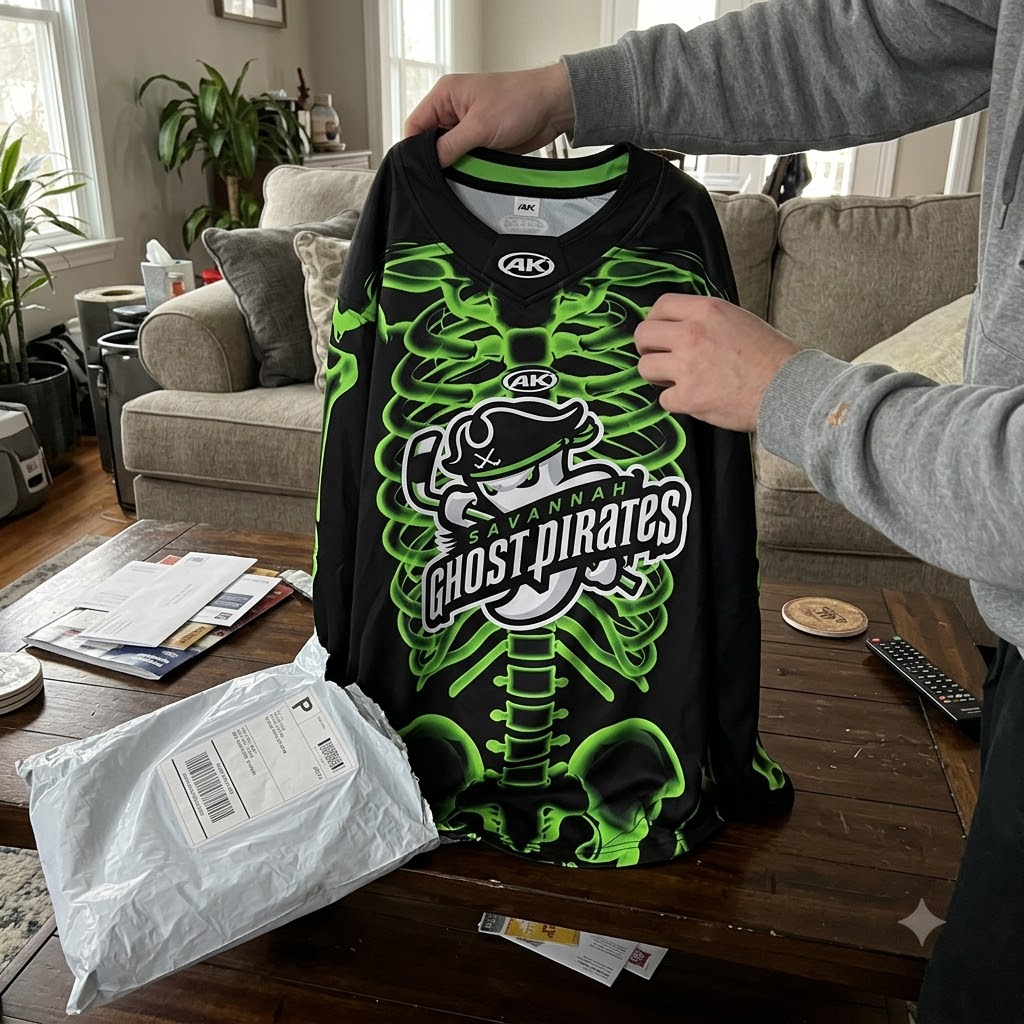 Savannah Ghost Pirates Halloween 2026 Skeleton Hockey Jersey – Full jersey display on ice Savannah Ghost Pirates Halloween 2026 Skeleton Hockey Jersey - full jersey display on ice