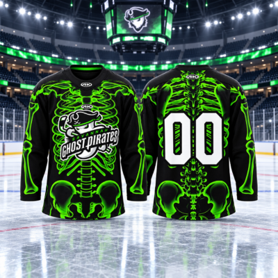 Savannah Ghost Pirates Halloween 2026 Skeleton Hockey Jersey - front and back view