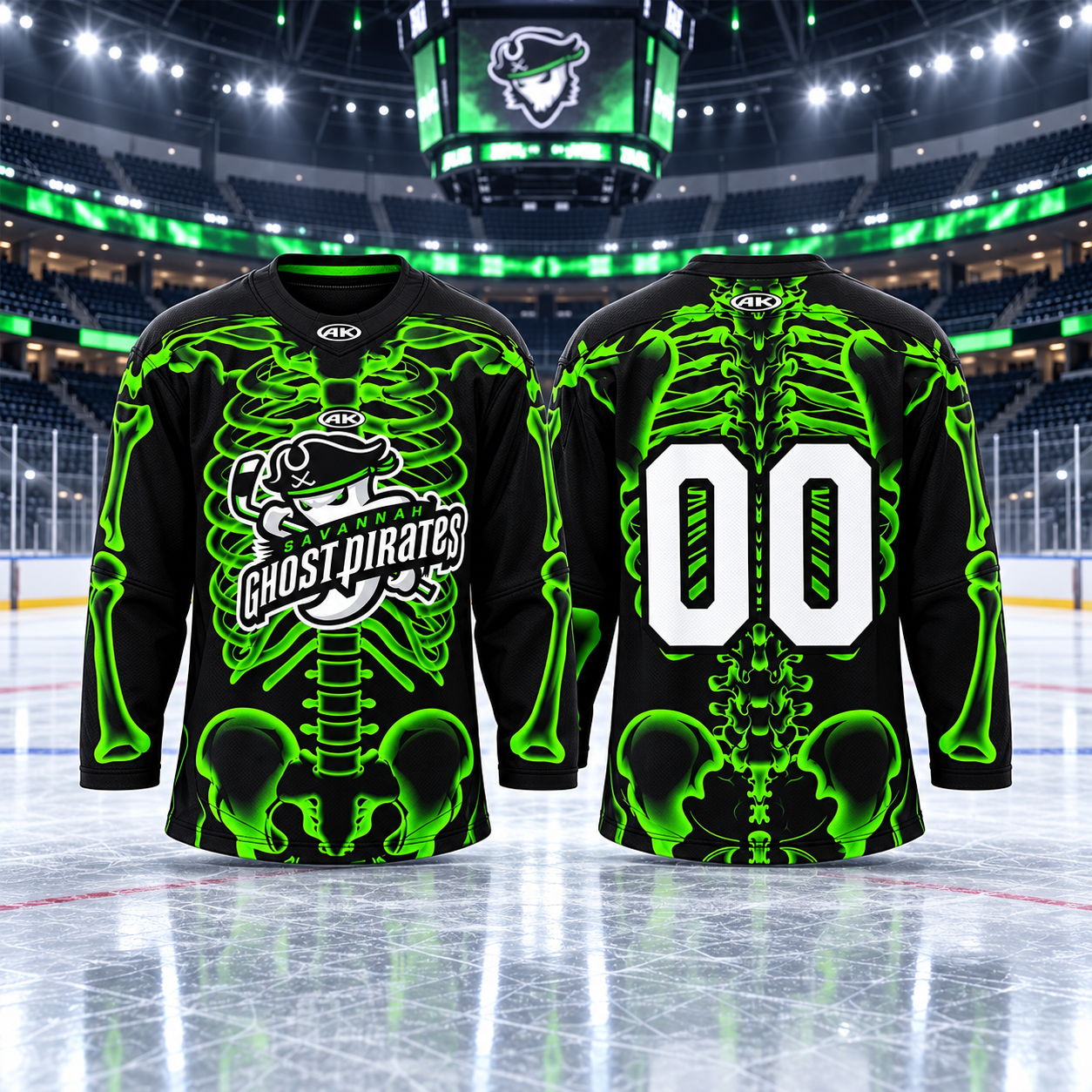 Savannah Ghost Pirates Halloween 2026 Skeleton Hockey Jersey - front and back view