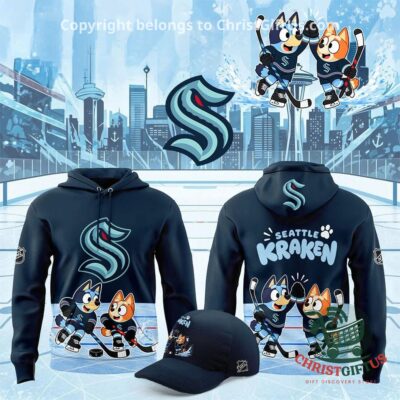 Seattle Kraken Bluey Hockey Game 2026 Hoodie - front and back views with matching cap