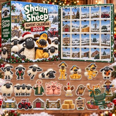 Shaun the Sheep Christmas 2026 Advent Calendar - open calendar with snowy farm scenes and character stickers