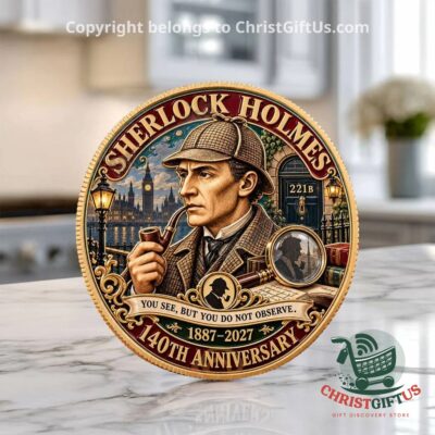 Sherlock Holmes 140th Anniversary Coin - front view showing portrait and 221B design