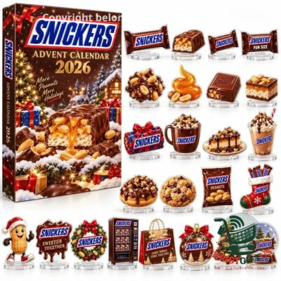 Snickers Christmas 2026 advent calendar beside the full set of designs