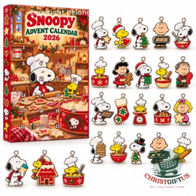 Snoopy Christmas Baking 2026 Advent Calendar - front box with numbered doors and charm designs