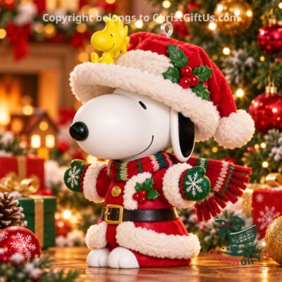 Snoopy Christmas Santa Outfit 3D Figure Ornament - front view with Woodstock on Santa hat