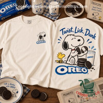 Snoopy Oreo Twist Lick Dunk T-Shirt - front and back views with Oreo graphics