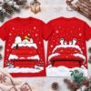 Snoopy Snowy Red Doghouse Christmas 3D T-Shirt - front and back views with snowy doghouse artwork