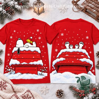Snoopy Snowy Red Doghouse Christmas 3D T-Shirt - front and back views with snowy doghouse artwork