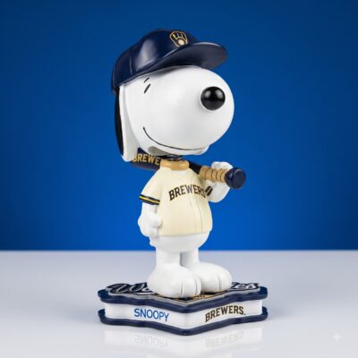 Snoopy x Milwaukee Brewers Baseball Bobblehead 2026 - front three-quarter view with bat and display base