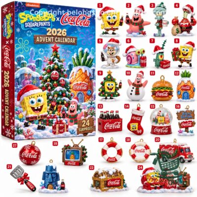 SpongeBob SquarePants Coca-Cola Christmas 2026 Advent Calendar - full box and numbered contents collage