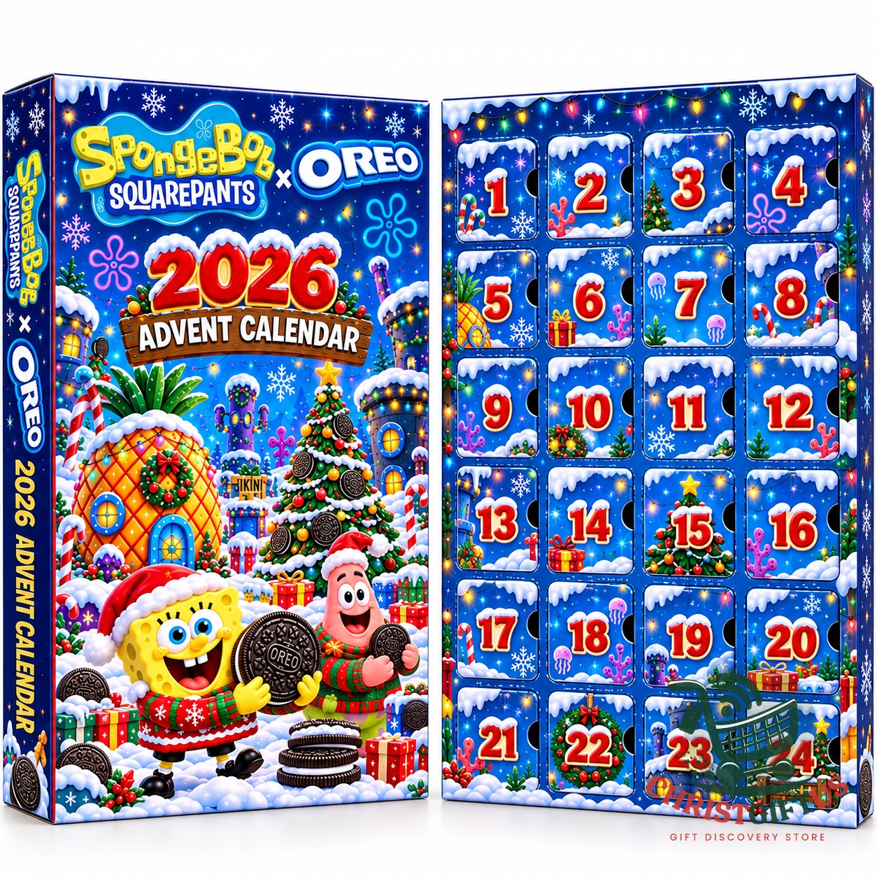 SpongeBob SquarePants x Oreo 2026 Christmas Advent Calendar - side panel with vertical branding