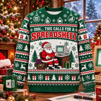 Spreadsheet Santa Christmas 2026 Spreadsheet Ugly Sweater - front view with Santa at a computer