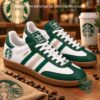 Starbucks Adidas Samba Shoes - angled view showing green stripes and Siren logos
