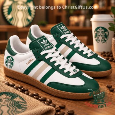 Starbucks Adidas Samba Shoes - angled view showing green stripes and Siren logos
