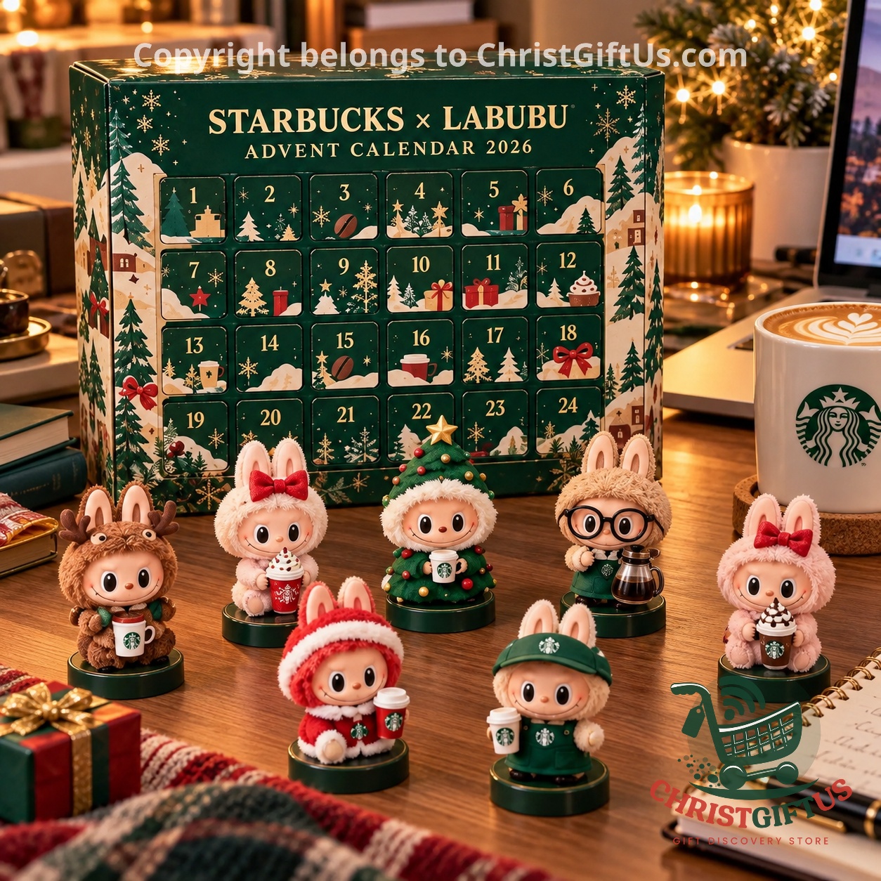Starbucks x Labubu 2026 Christmas Advent Calendar - close view of doors one through twelve