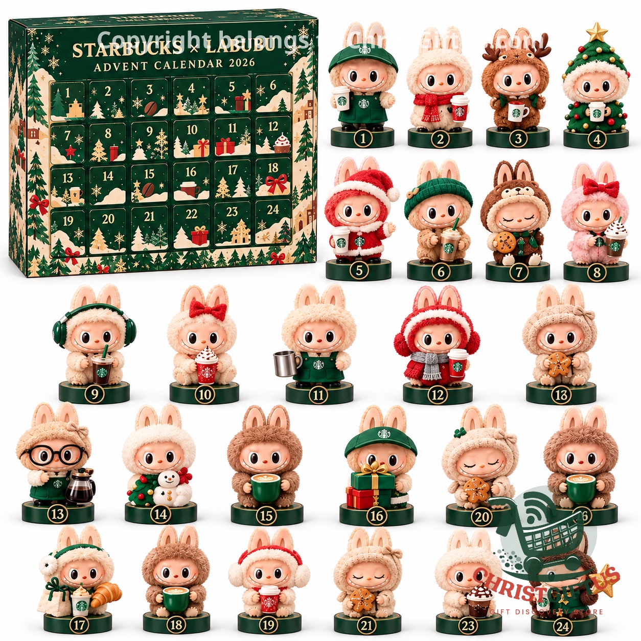 Starbucks x Labubu 2026 Christmas Advent Calendar - front view of numbered green calendar box