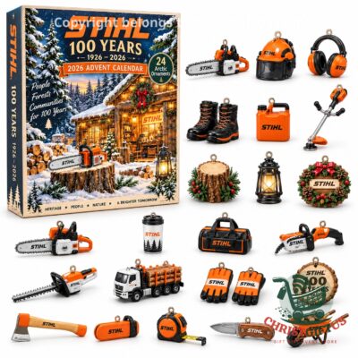 STIHL 100th Anniversary 2026 Advent Calendar - front box and displayed ornaments