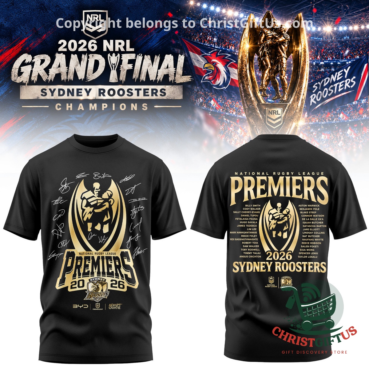 Sydney Roosters 2026 NRL Grand Final Premiers Championship Hoodie - front championship graphic