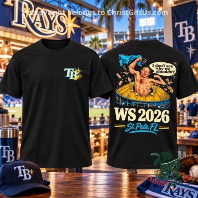 Black Tampa Bay Rays WS 2026 St. Pete T-shirt, front and back