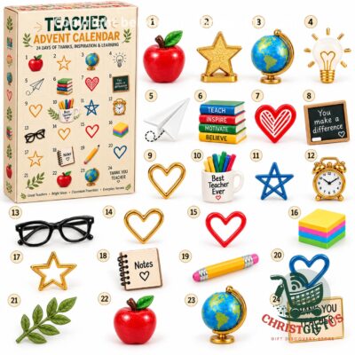 Teacher 24 Days of Thanks Advent Calendar 2026 - front box and numbered classroom-themed contents