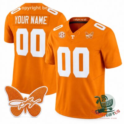 Tennessee Volunteers Dolly Parton Patch Custom Football Jersey - front and back views with butterfly patch