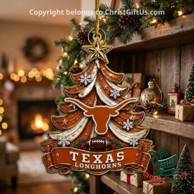 Texas Longhorns Christmas tree ornament hanging by a fireplace