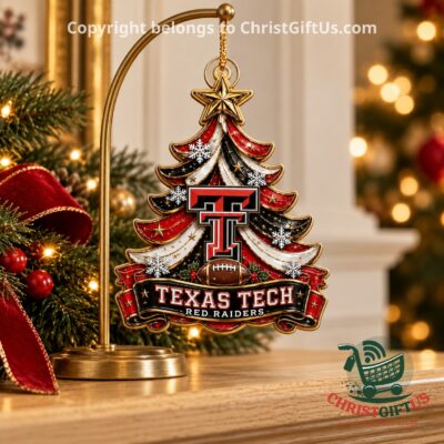 Texas Tech Red Raiders Christmas ornament on a gold stand