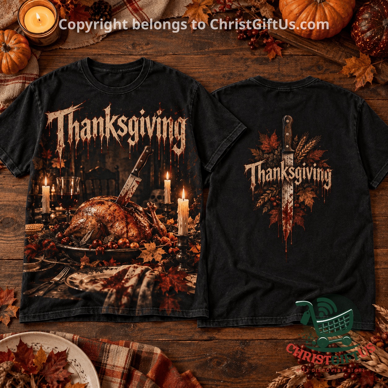 Thanksgiving 2026 Slasher Horror 3D T-Shirt - front and back views with turkey dinner and knife graphics