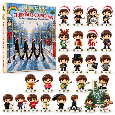 The Beatles Christmas 2026 Advent Calendar - front package and numbered character charms
