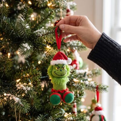 The Grinch Santa Hat 2026 Christmas Crochet Ornament - hanging front view on Christmas tree