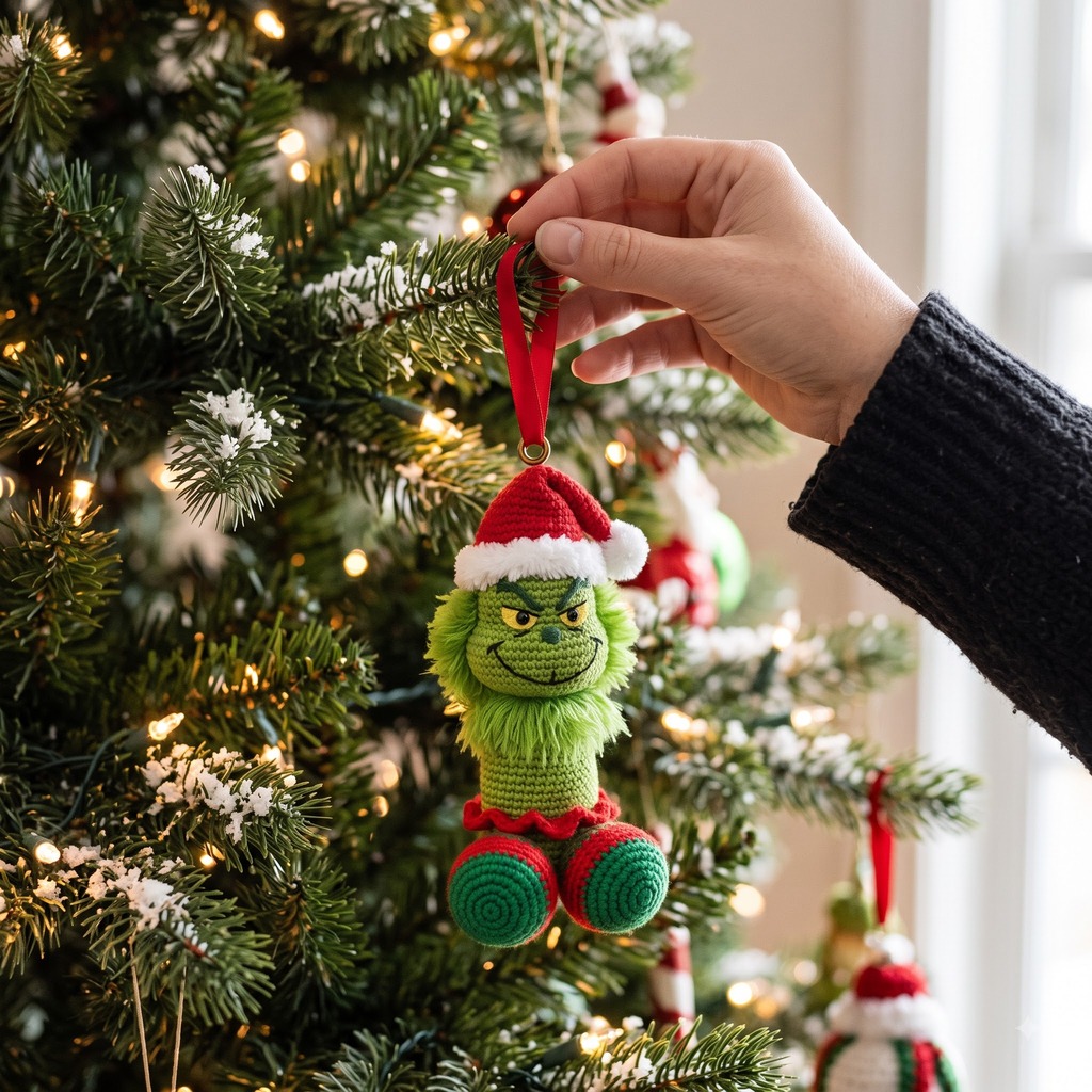 The Grinch Santa Hat 2026 Christmas Crochet Ornament - hanging front view on Christmas tree