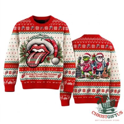 The Rolling Stones Merry Stonesmas 2026 Ugly Christmas Sweater - front and back view