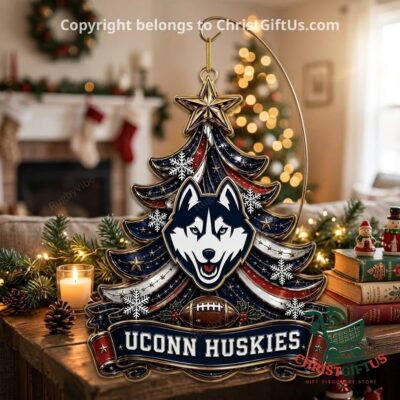 UConn Huskies Christmas tree ornament hanging by a fireplace